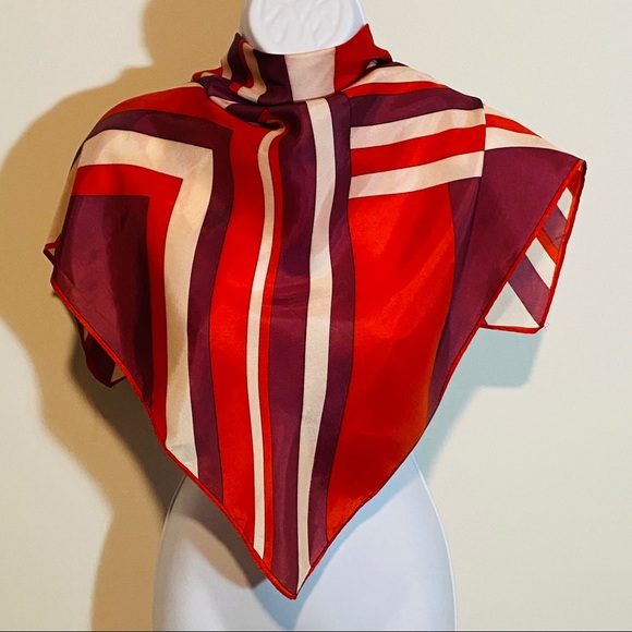 Vintage Red Purple White Asymmetrical Line Print Square Scarf - Picture 2 of 12